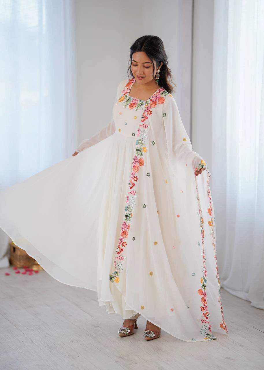 White Floral Embroidered Anarkali Suit model shot 53 – Kalyanja KU302