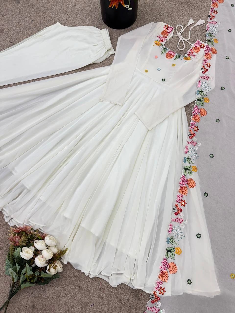 White Floral Embroidered Anarkali Suit flat lay full set – Kalyanja KU302