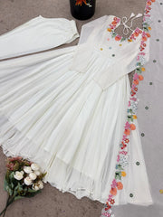 White Floral Embroidered Anarkali Suit flat lay full set – Kalyanja KU302