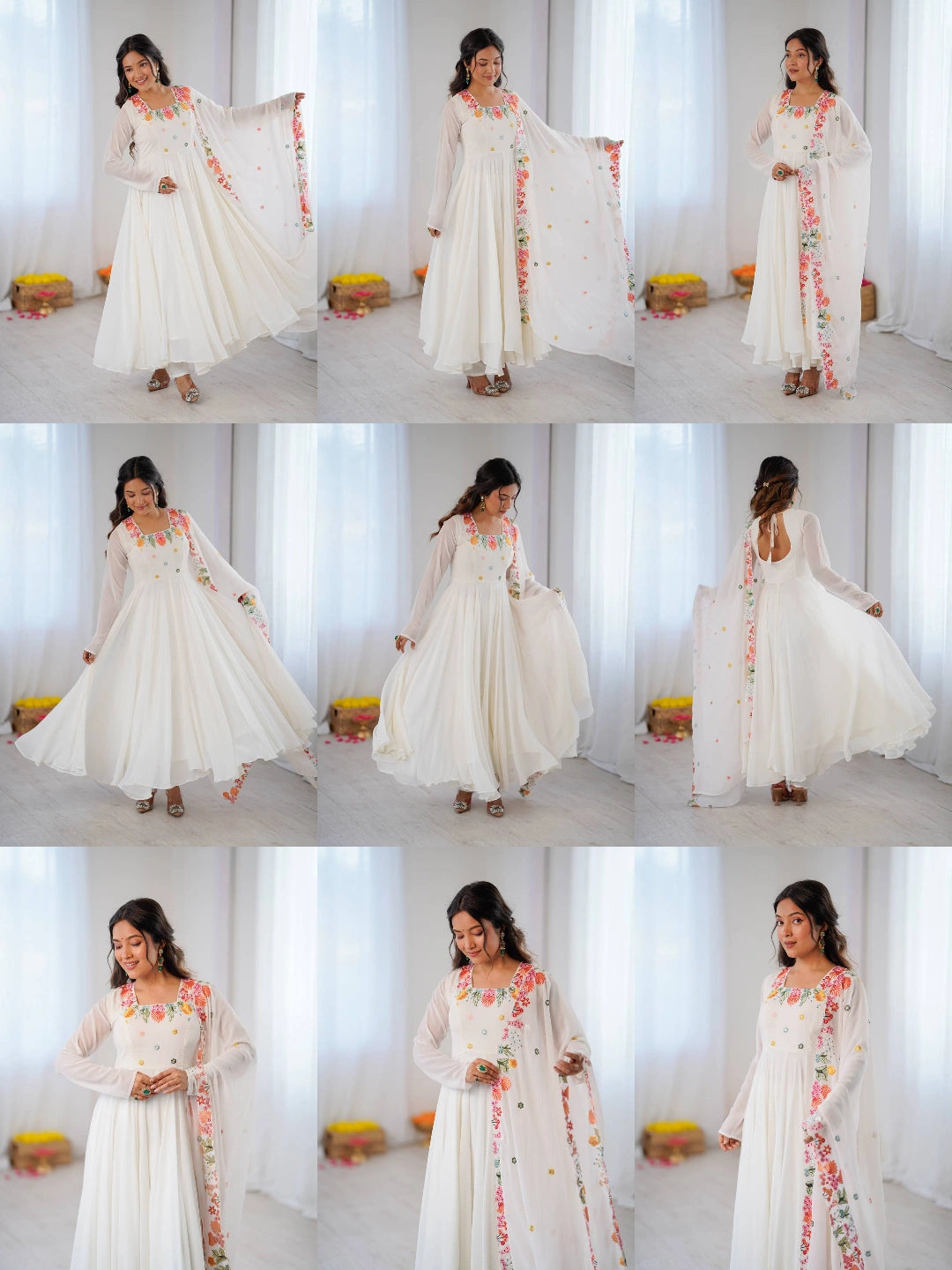 White Floral Embroidered Anarkali Suit catalog grid collage – Kalyanja KU302