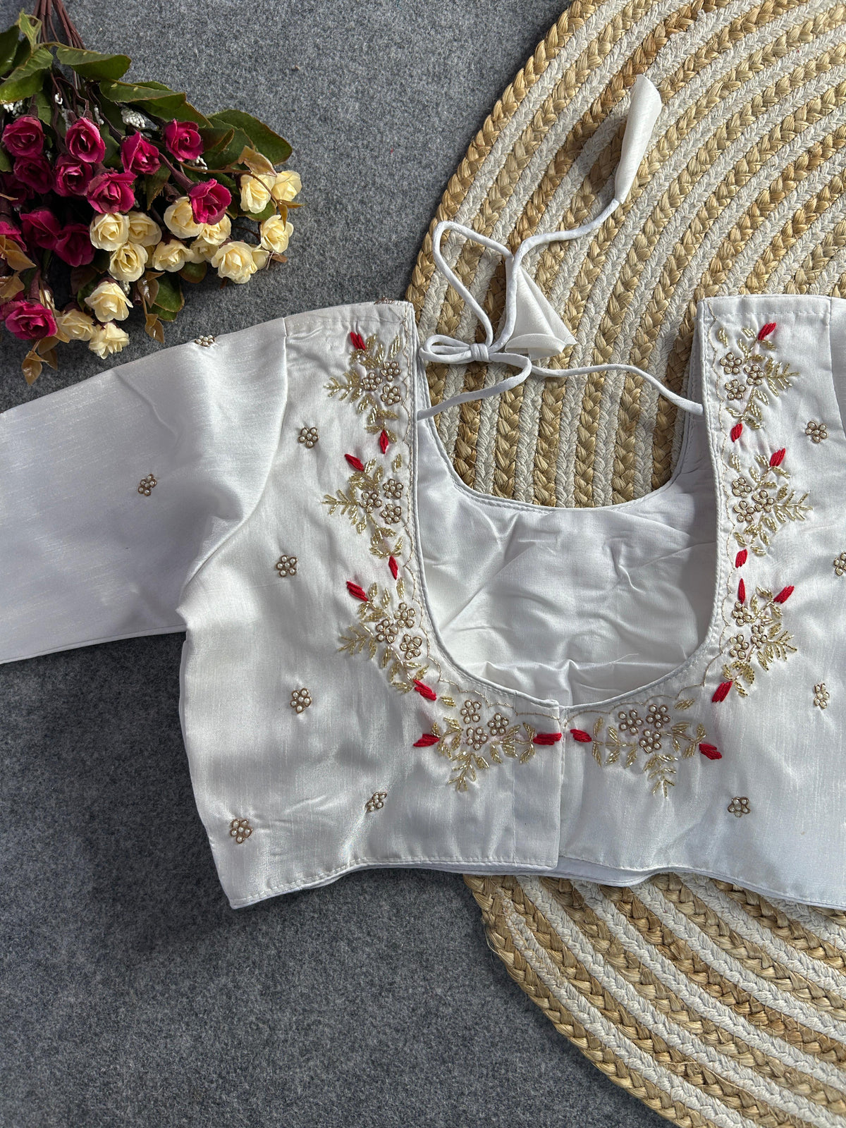 White floral embroidery Banglori silk blouse with intricate design, perfect for traditional and festive occasions.