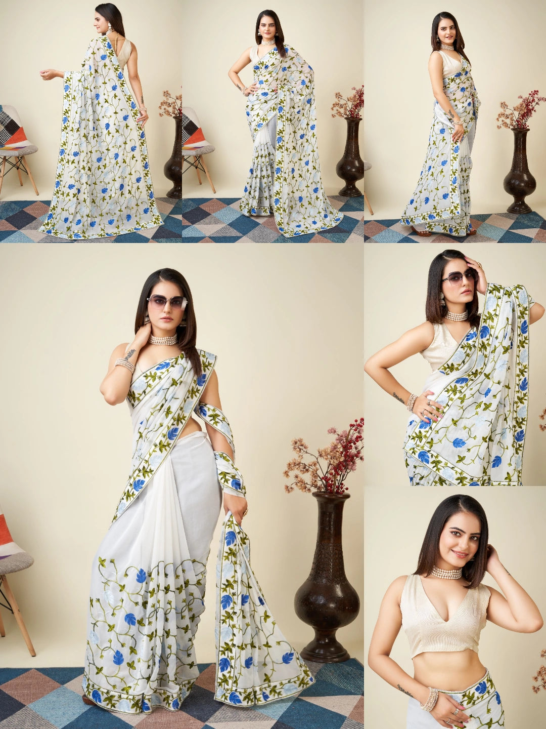 White Kashmiri Work Saree – all angles – KS398