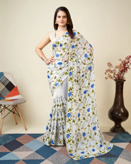 White Kashmiri Work Saree – Faux Georgette full front view – KS398