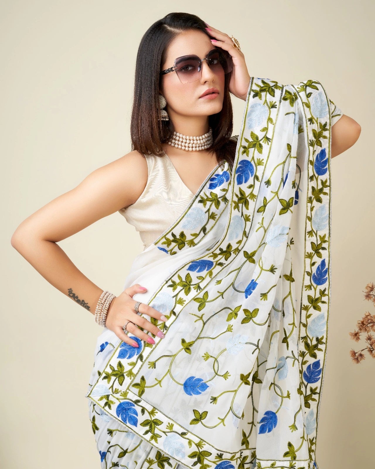 White Kashmiri Work Saree – 3/4 drape view – KS398