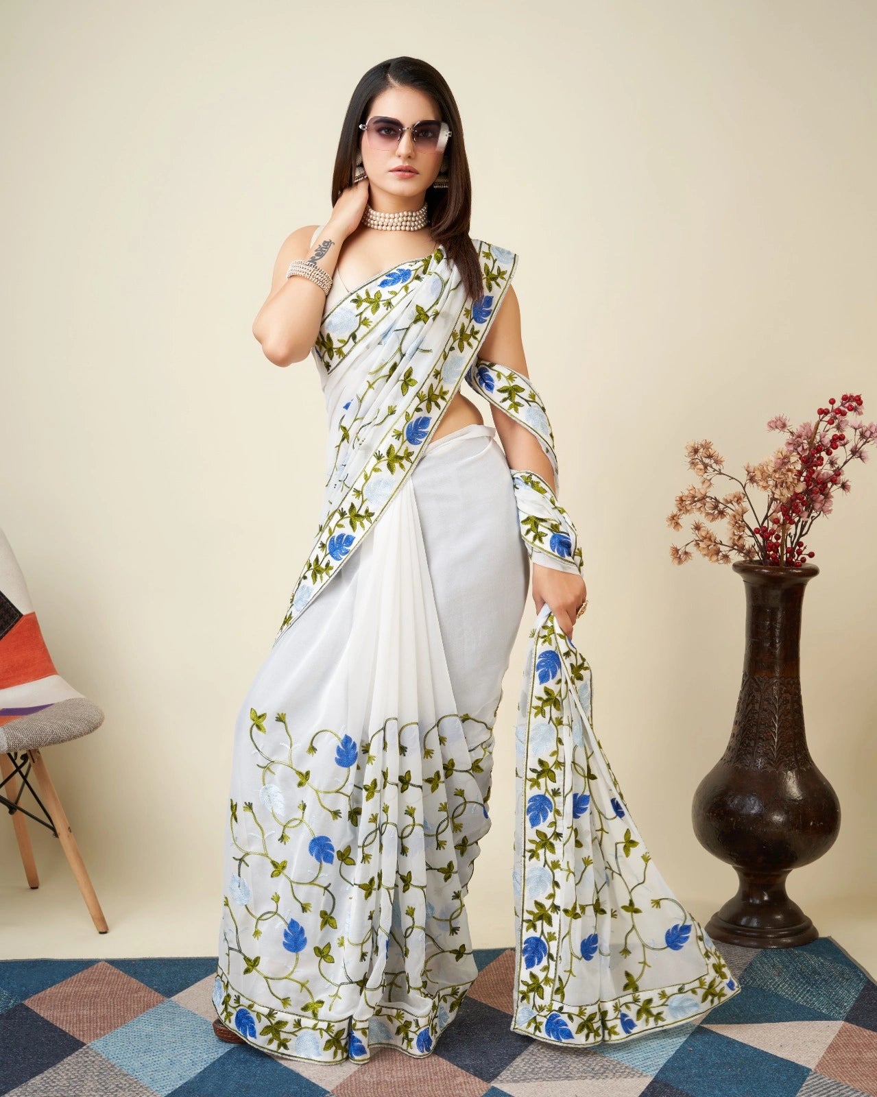 White Kashmiri Work Saree – styled with sunglasses – KS398