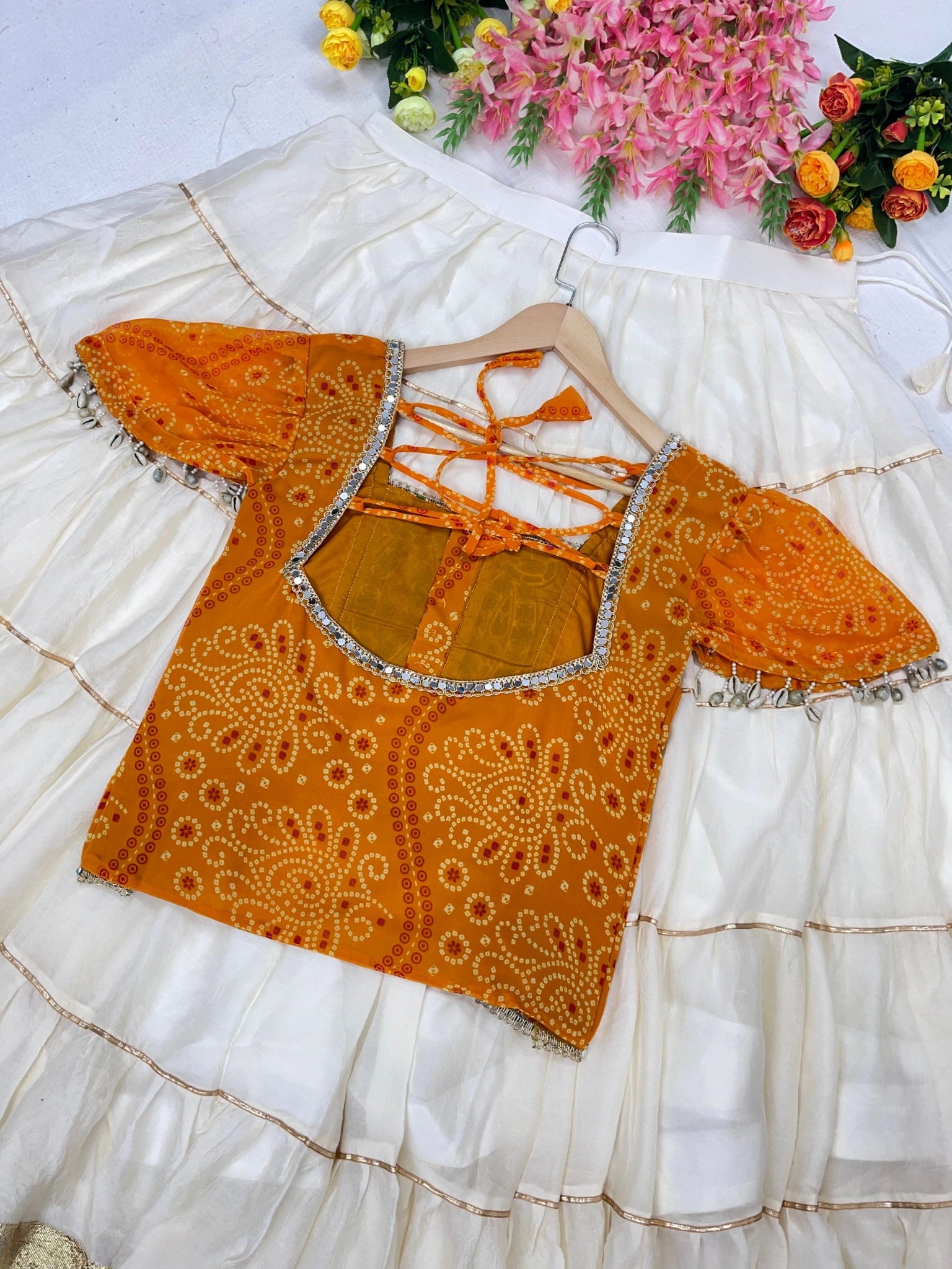 White Lehenga Orange Kediya Choli Back Detail Flat Lay – KL198 – Kalyanja