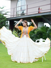 White Gamthi Mirror Lace Lehenga Full Flair Front View – KL198 – Kalyanja