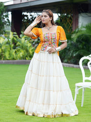 White Gamthi Mirror Lace Lehenga Front View Model – KL198 – Kalyanja