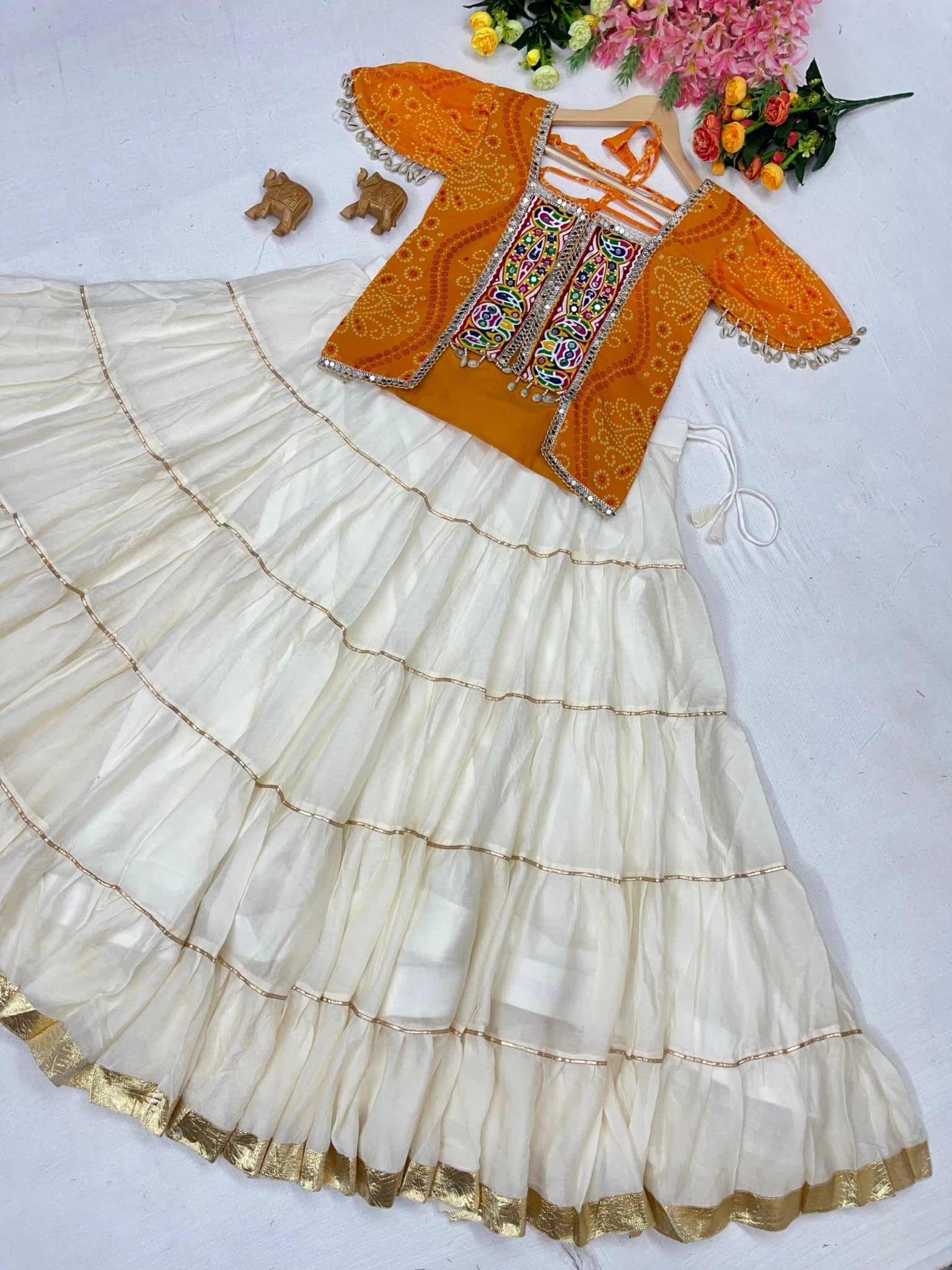 White Tiered Lehenga Flat Lay Front Set View – KL198 – Kalyanja