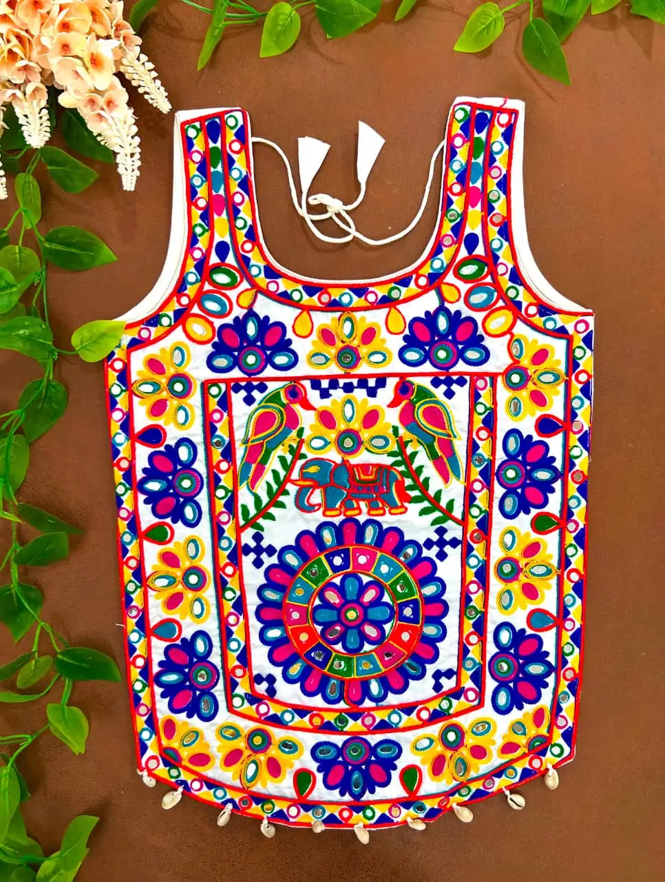 White Multi Thread Mirror Kodi Work Blouse front view – Kutch elephant parrot embroidery KB41 Kalyanja