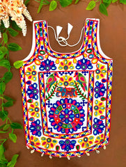 White Multi Thread Mirror Kodi Work Blouse front view – Kutch elephant parrot embroidery KB41 Kalyanja