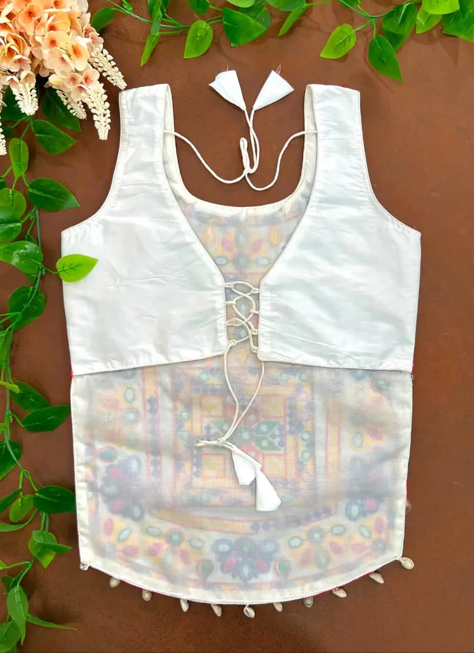 White Multi Thread Mirror Kodi Work Blouse back view – U-back dori tie-up KB41 Kalyanja