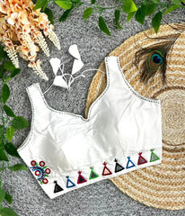White Cotton Blend Multi Thread Mirror Work Blouse – Flat Lay