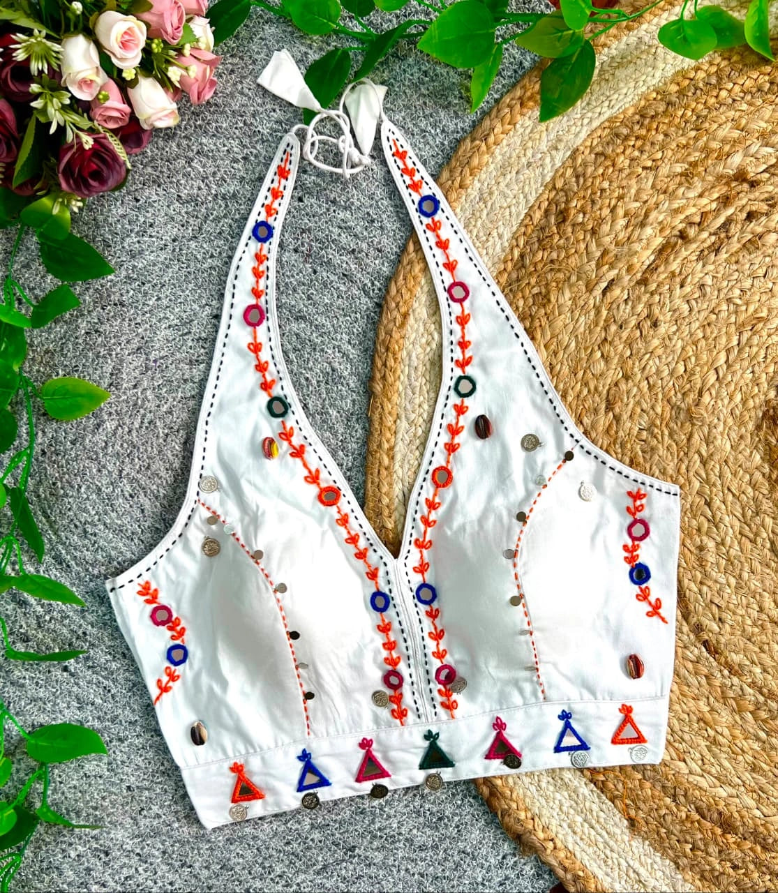 White Multi Thread with Mirror Work Blouse – Kalyanja KB44
