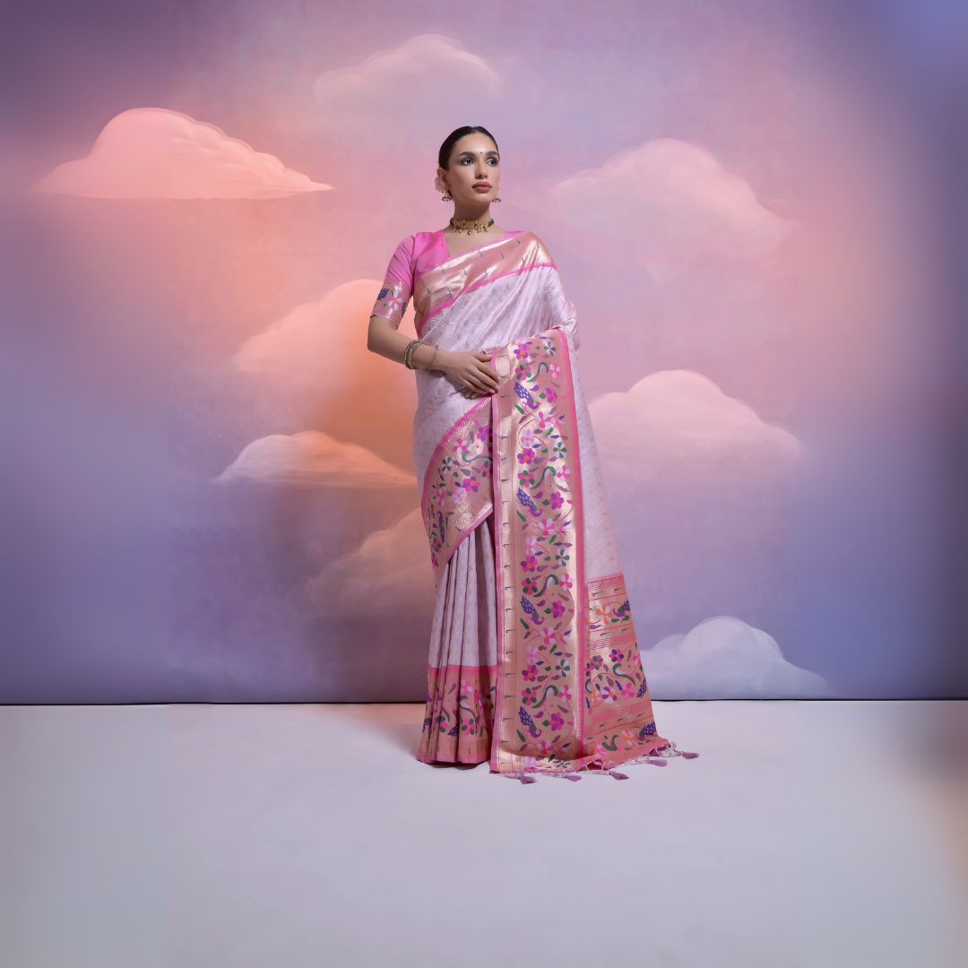 A woman models an elegant Off-White Soft Banarasi Silk Saree. The saree features a wide, vibrant Fuchsia Pink border and pallu with dense, colorful floral and vine Kanjivaram-style weaving. She wears a contrasting pink short-sleeve blouse and a gold choker necklace, posing indoors against a surreal pink and purple cloud backdrop.