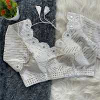 White Sequins with Mirror Work Shiny Synthetic Blend Blouse