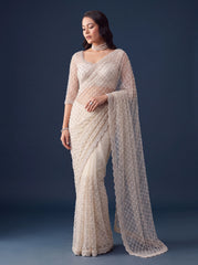 White Sequins Embroidered Saree – Net Beads Pearls Work front view – KS397
