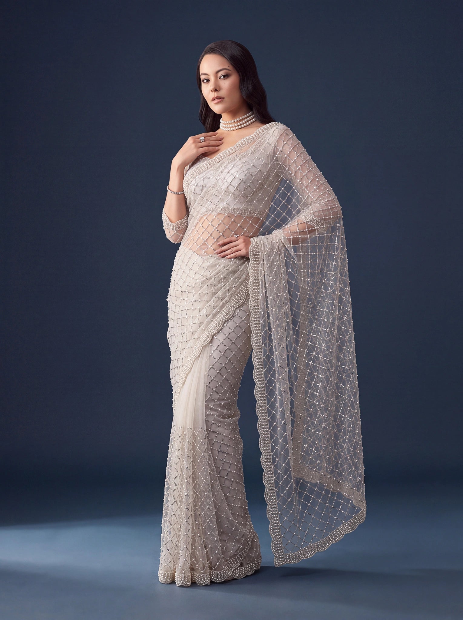 White Sequins Embroidered Saree – 3/4 drape view – KS397