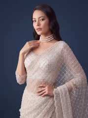 White Sequins Embroidered Saree – model close view – KS397