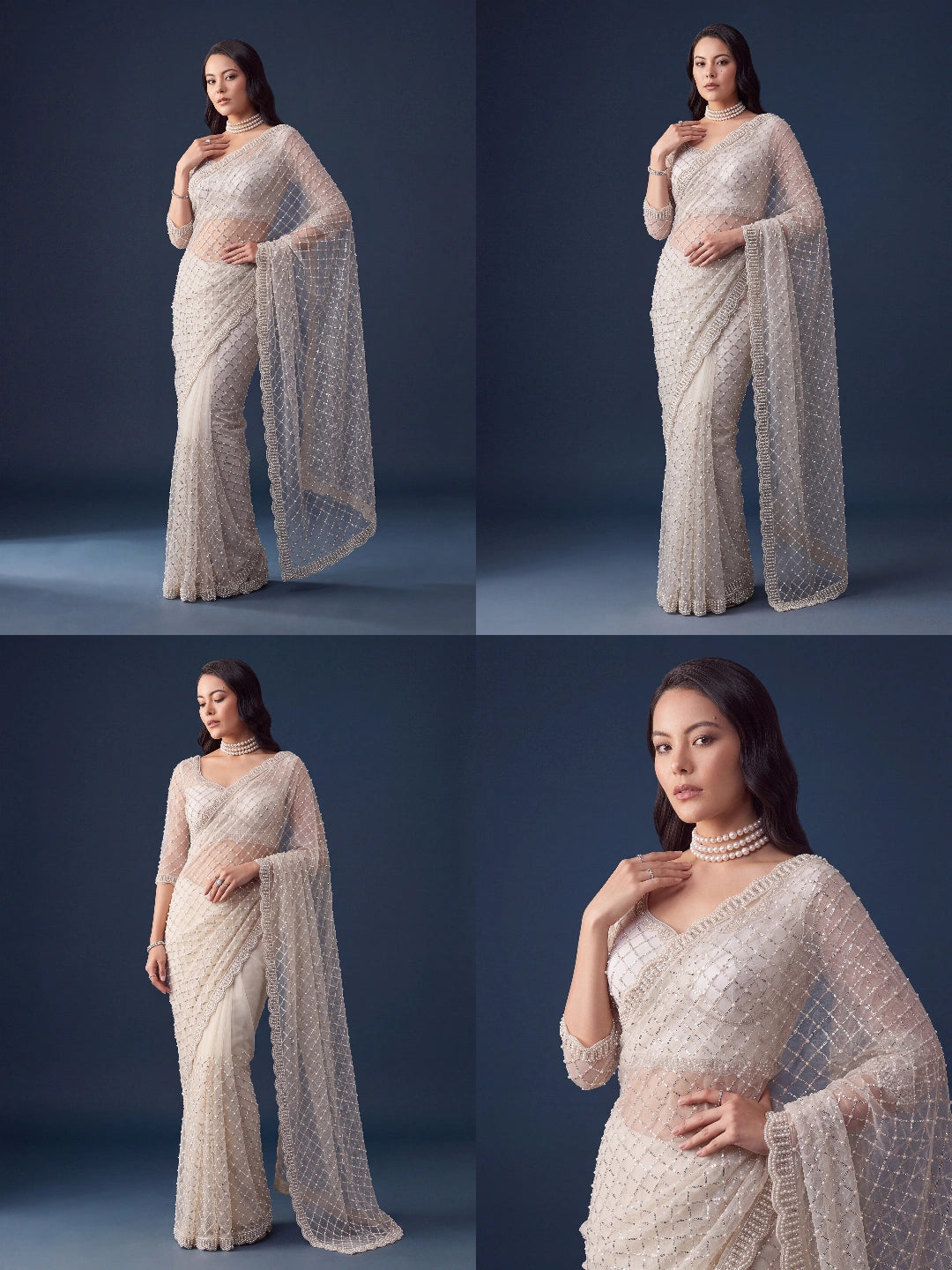 White Sequins Embroidered Saree – Embroidered Scallop Border detail – KS397