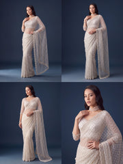 White Sequins Embroidered Saree – Embroidered Scallop Border detail – KS397