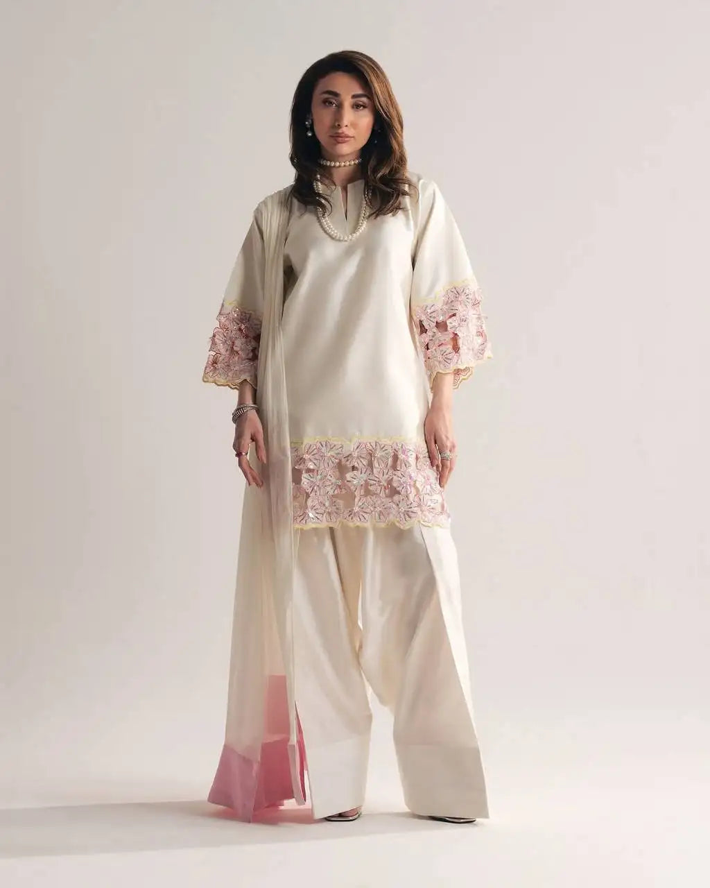 White Sequins Embroidered Suit with Farshi Shalwar – Front View | KU118 | Kalyanja