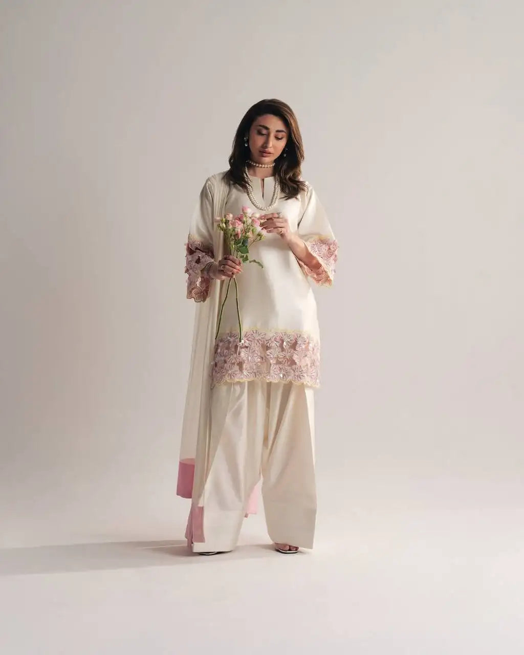 White Moti Handwork Suit with Farshi Shalwar – Standing Pose | KU118 | Kalyanja