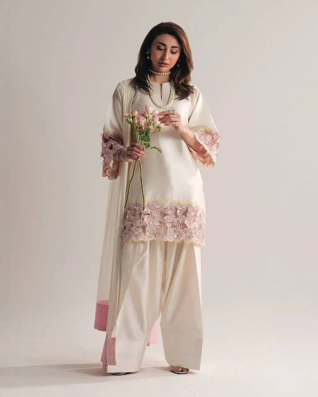 White Crepe Silk Blend Suit with Embroidered Hem – Full Length | KU118 | Kalyanja
