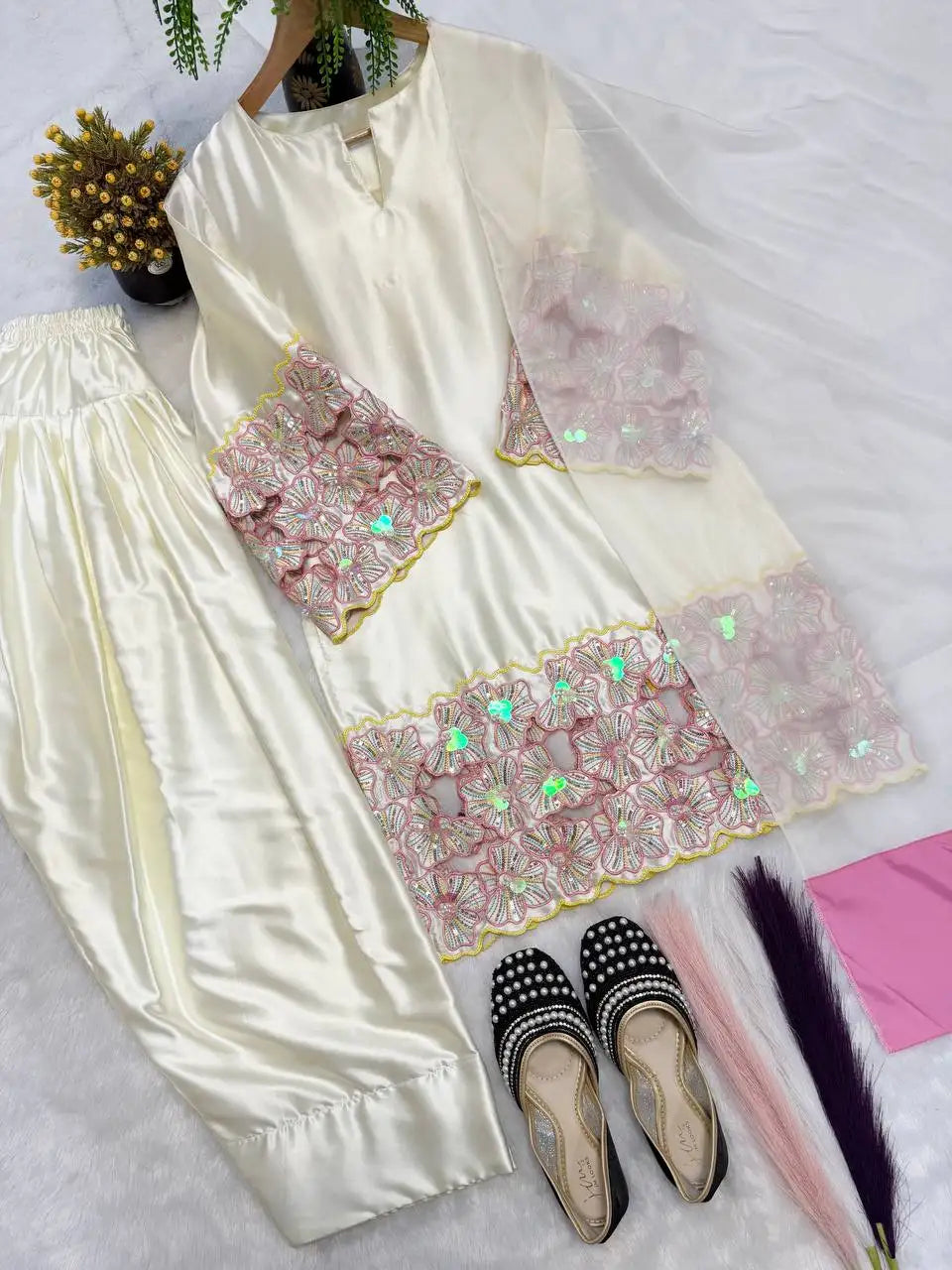White Sequins Embroidered Suit Flat Lay with Farshi Shalwar & Dupatta | KU118 | Kalyanja