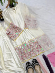 White Crepe Silk Suit with Multi Needle Work – Flat Lay Detail | KU118 | Kalyanja