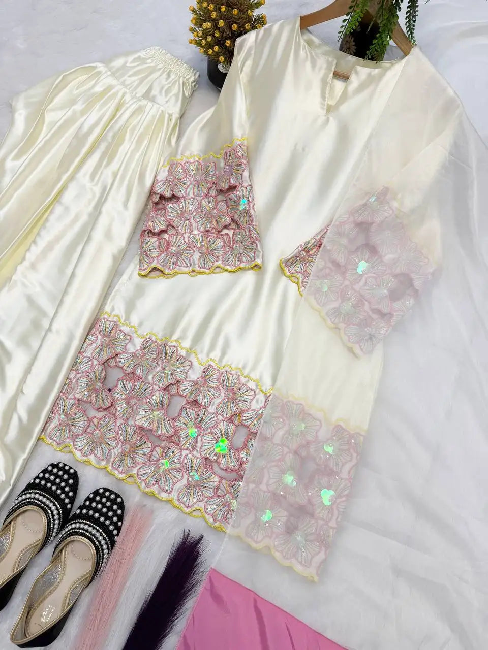 White Suit Set with Farshi Shalwar & Embroidered Dupatta – Full Flat Lay | KU118 | Kalyanja