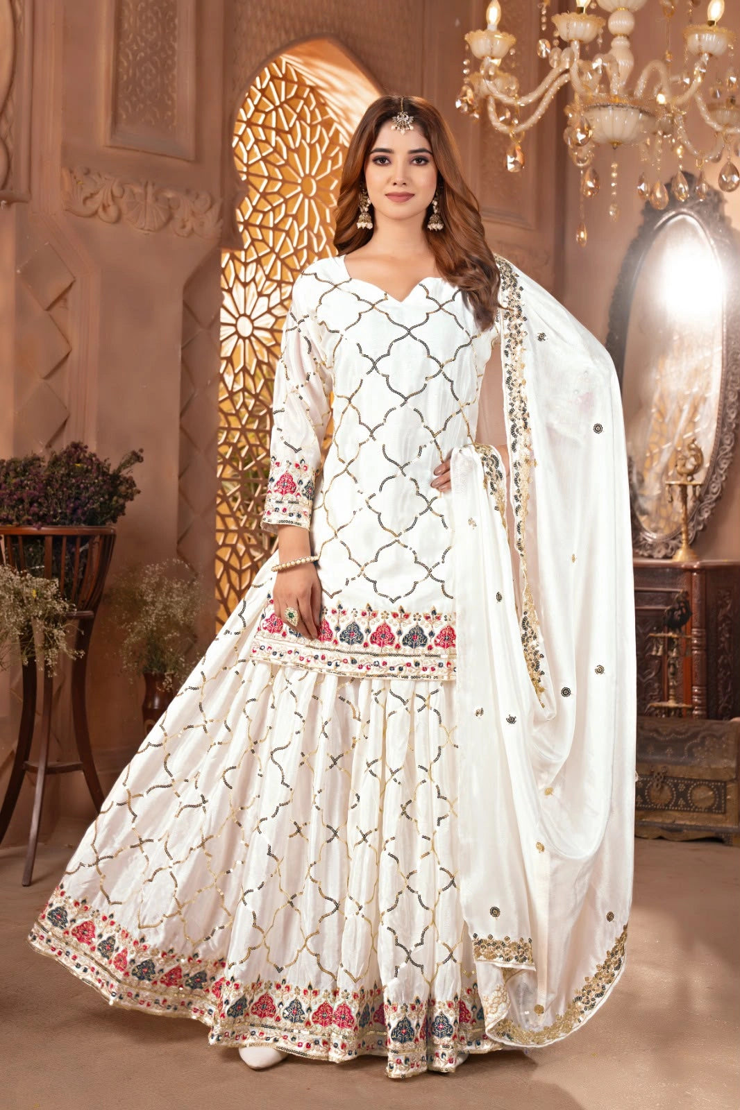 White Sequins Embroidered Suit Pakistani palazzo front model KU263 Kalyanja