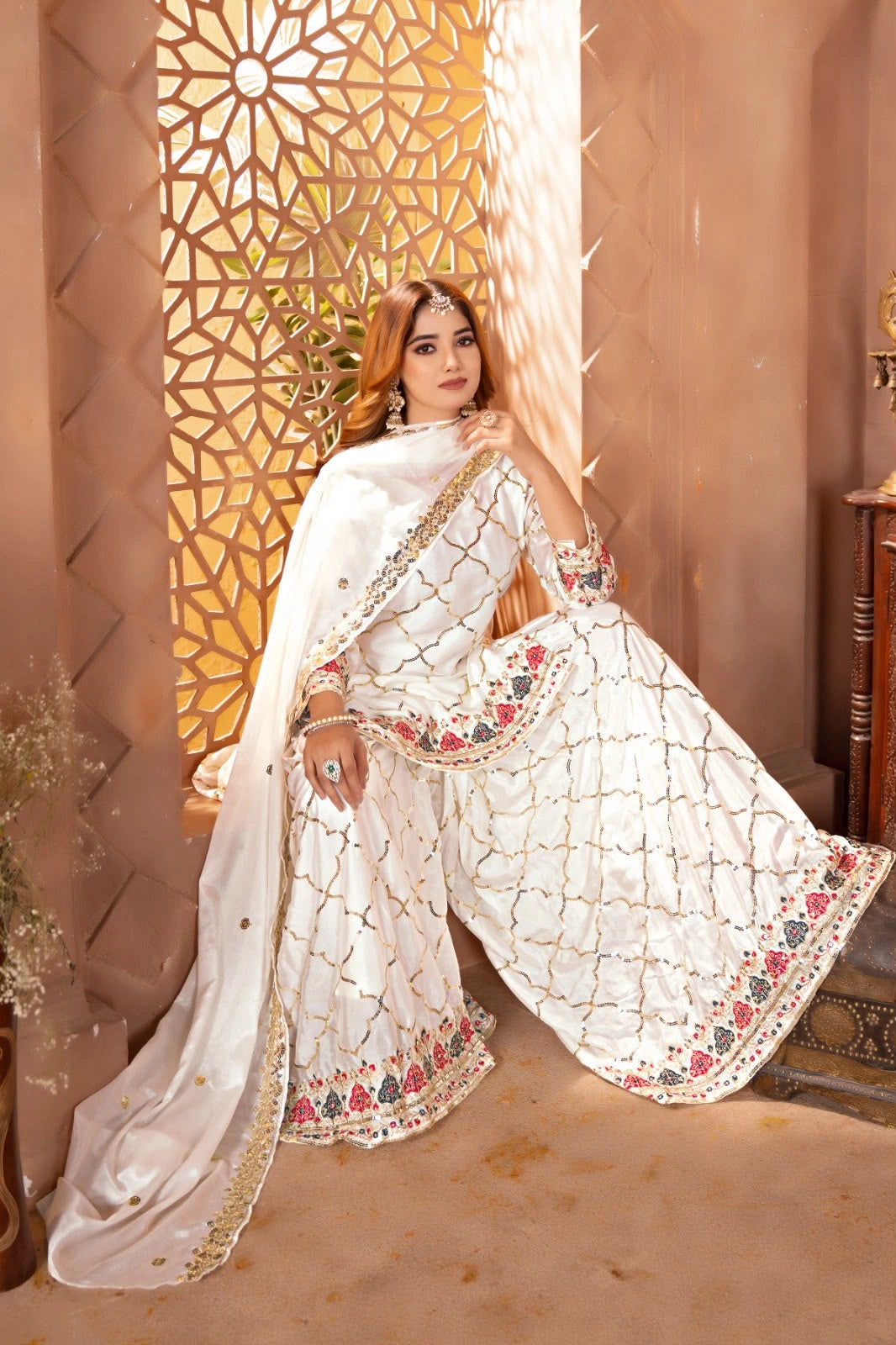 White Sequins Embroidered Suit Chinon Silk Blend detail KU263 Kalyanja