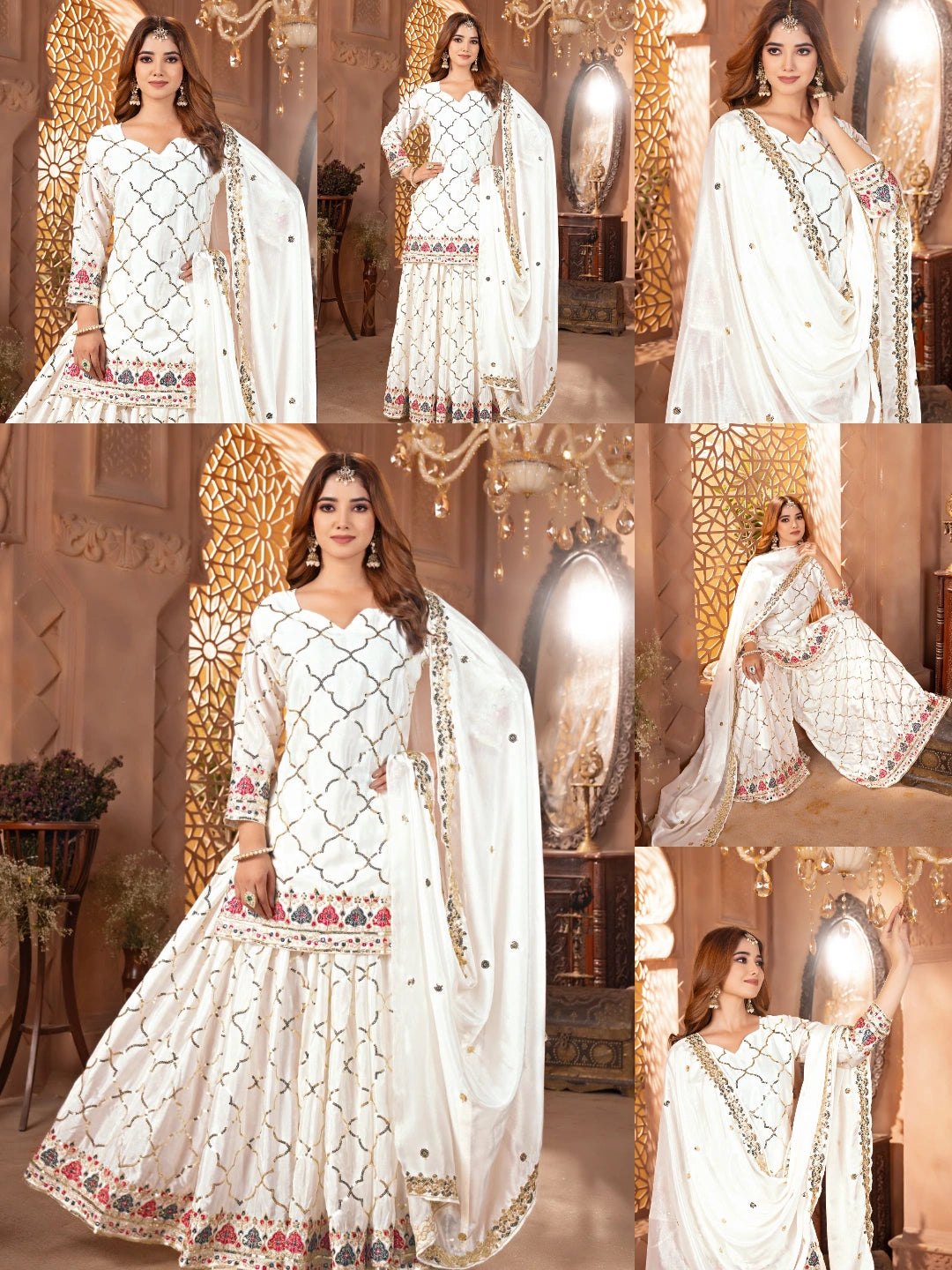 White Sequins Embroidered Suit collage multi-view KU263 Kalyanja