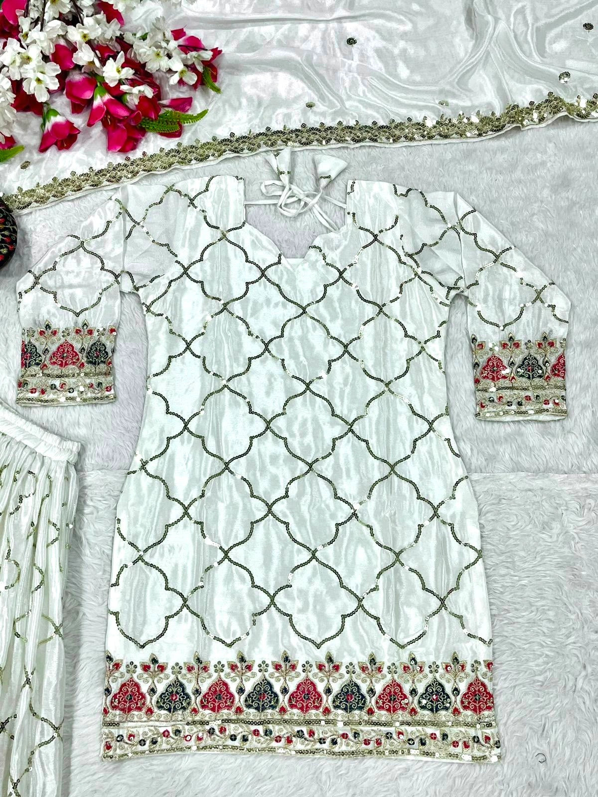 White Sequins Embroidered Suit model fashion shot KU263 Kalyanja