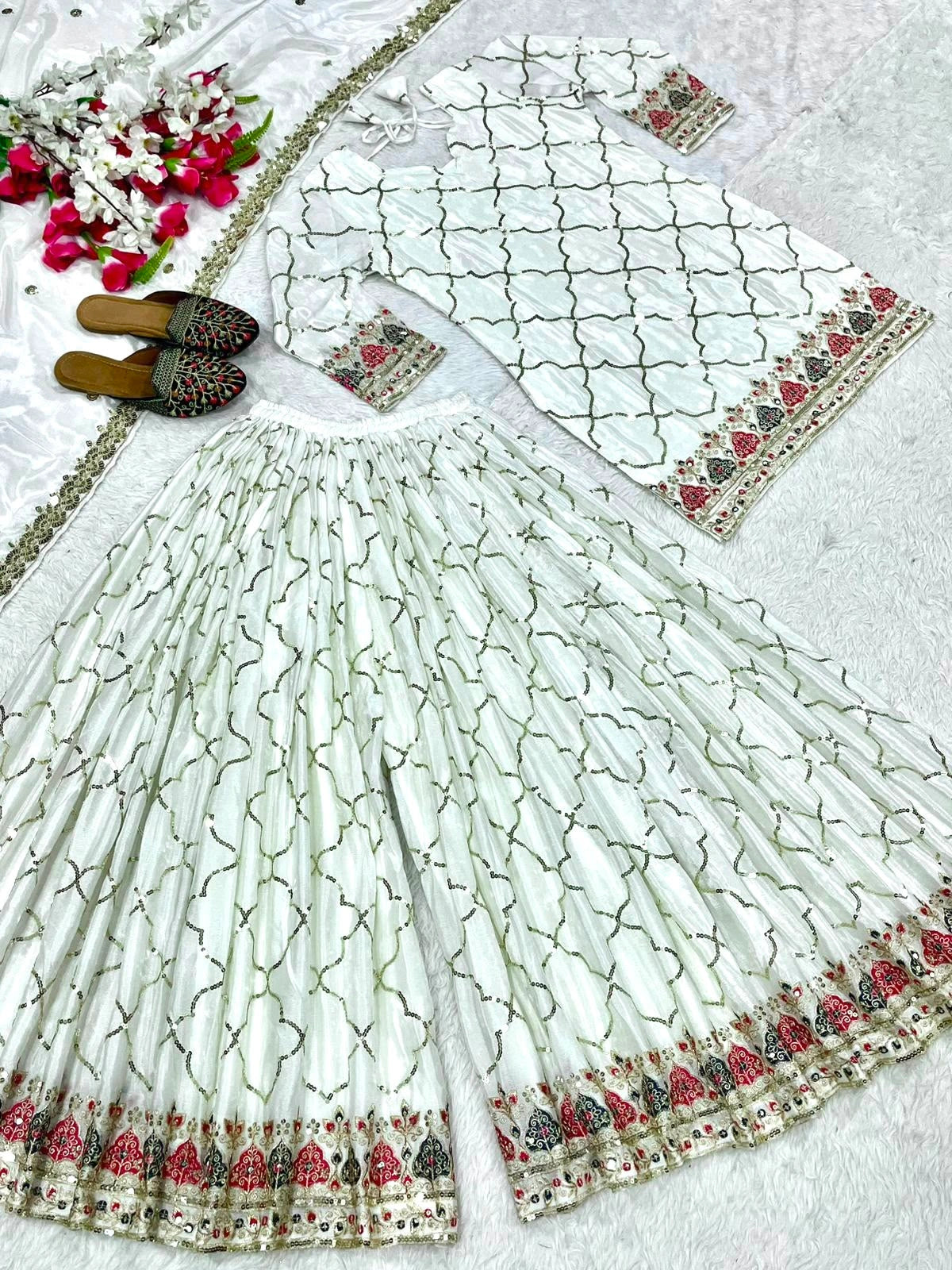 White Sequins Embroidered Suit flat lay sequins jaal palazzo KU263 Kalyanja