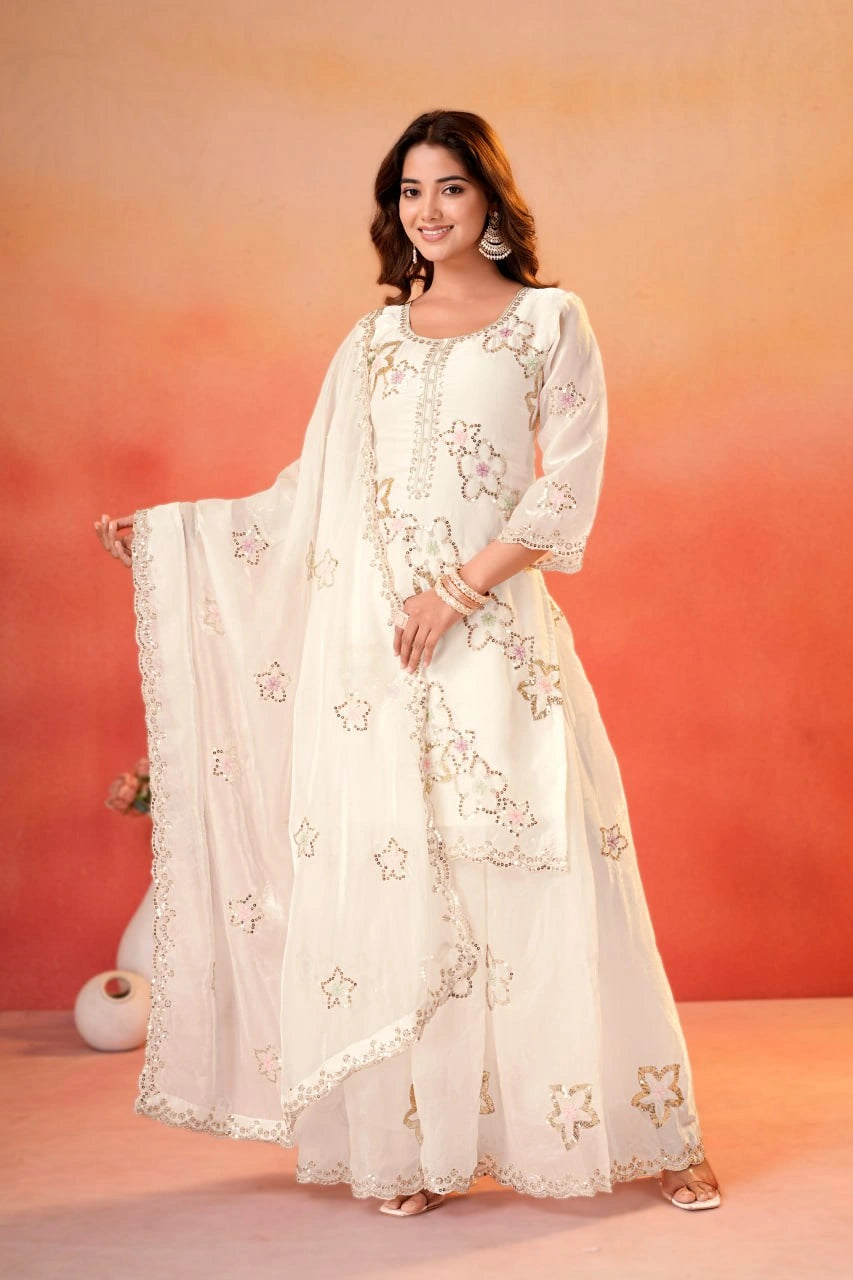 White Sequins Sharara Suit front view smiling model Fendy Silk Blend floral embroidery KU287
