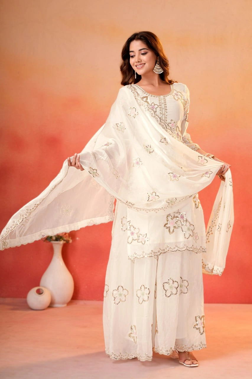 White Sequins Sharara Suit full length model with dupatta showing sharara flare