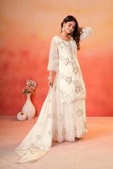 White Sharara Suit three quarter close-up showing round neckline and floral sequins embroidery
