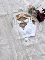 White net saree – blouse piece and sequin work flat lay