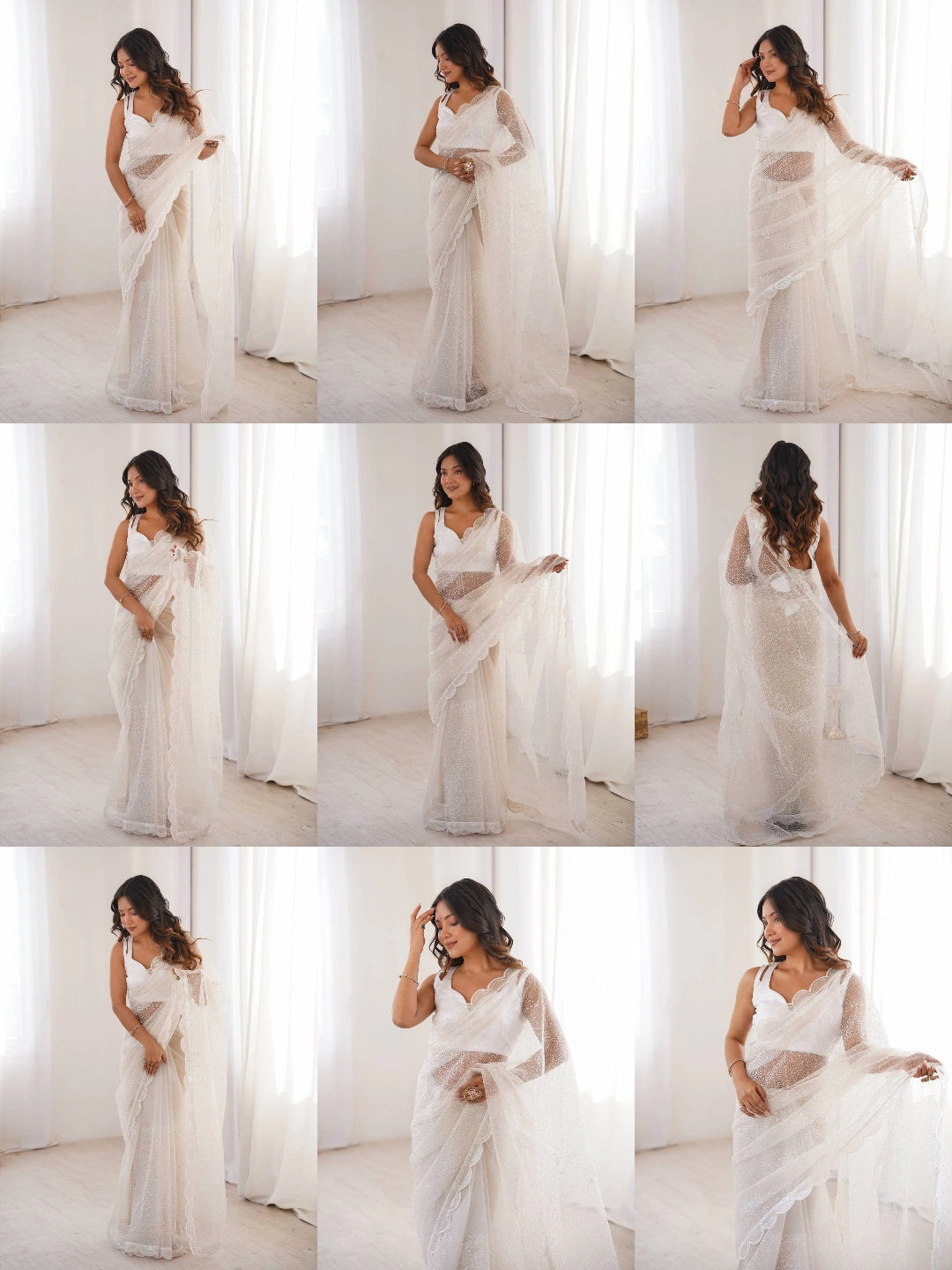 White sequins embroidered thread work saree – all views collage