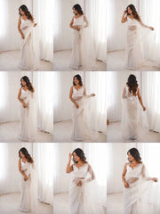 White sequins embroidered thread work saree – all views collage