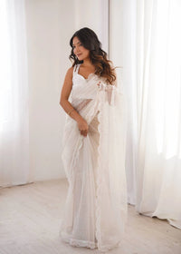 White Sequins Embroidered with Thread Work Saree – Party Net Wedding Wear