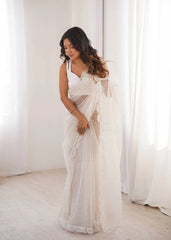 White embroidered net saree – full length model view