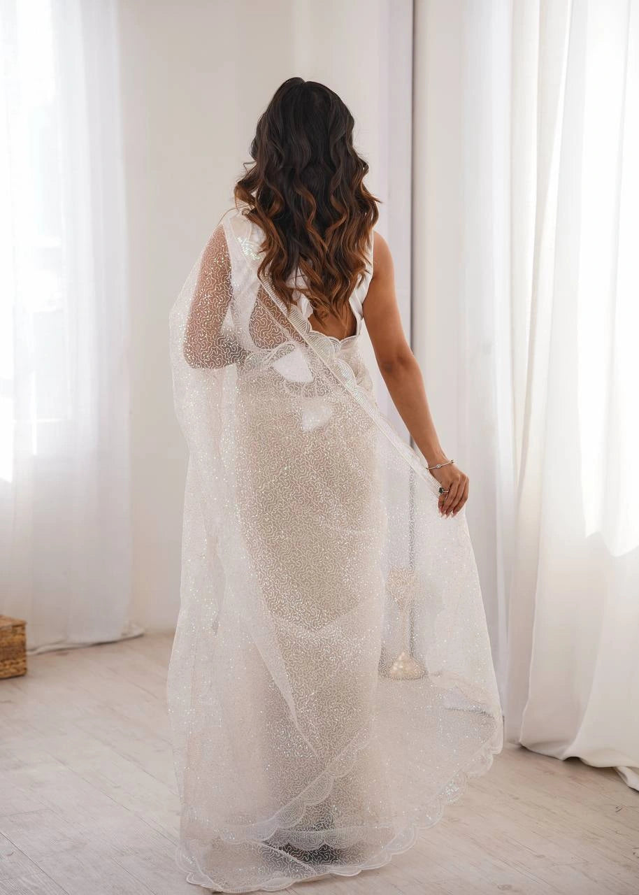 White sequins saree – back view on model