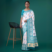 White & Blue Zari Weaving Patola Silk Saree