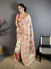 White Zari Weaving Saree full front drape – KS372