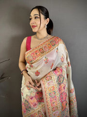 White Pashmina Silk Blend Saree close-up draping – KS372