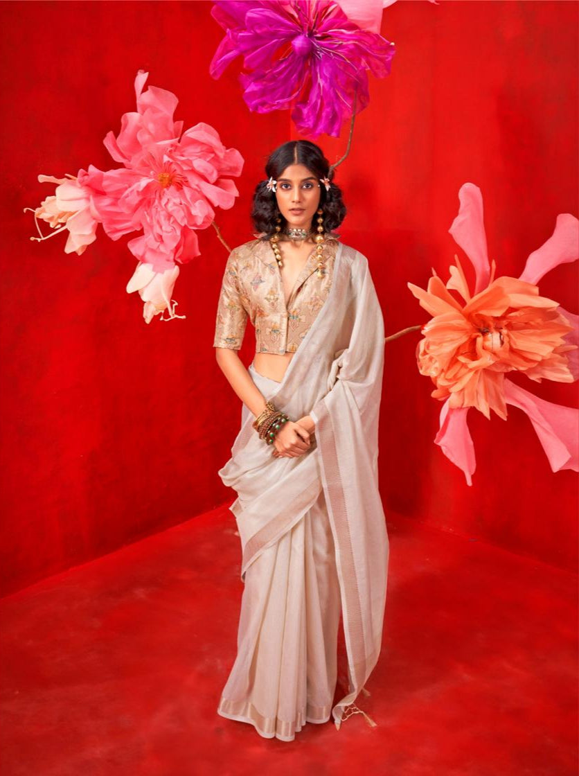 White Zari Work Saree Handloom Weaving by Rajtex Kronis