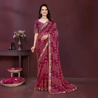 Wine Digital Print with Embroidery Work Georgette Saree